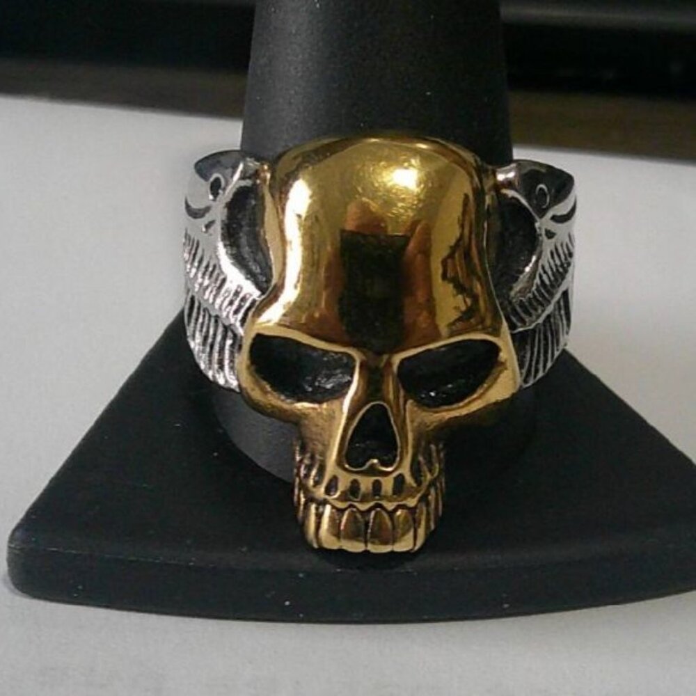 Skull Gold IP Two Tone Biker Ring Stainless Steel Sizes 11-12-13-14 New